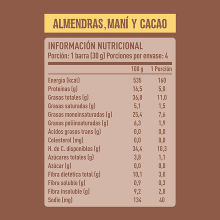 Barra de Frutos Secos Cacao Nibs Maní 4 unidades