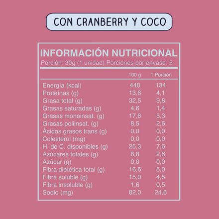 Barra Frutos Secos Cranberry Coco 5 unidades